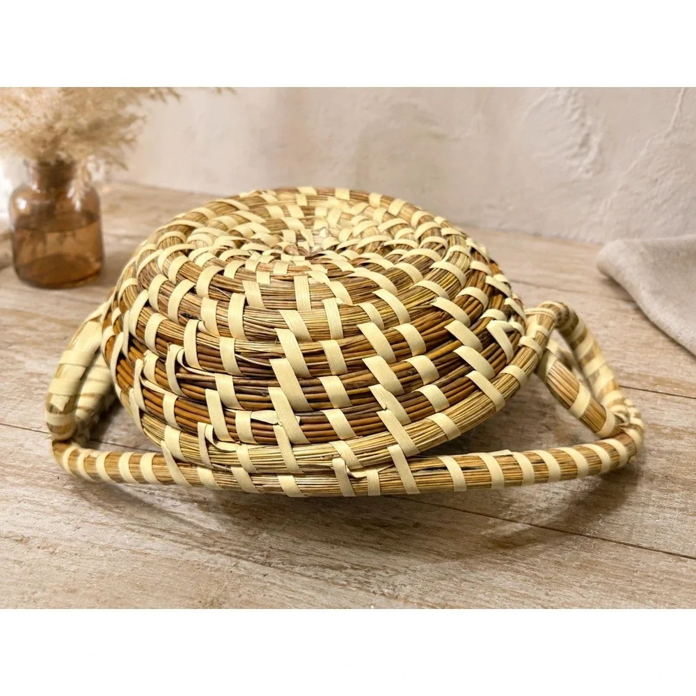 Vintage Gullah Sweetgrass Basket Coiled Lowcountry Folk Art Handwoven Handles
